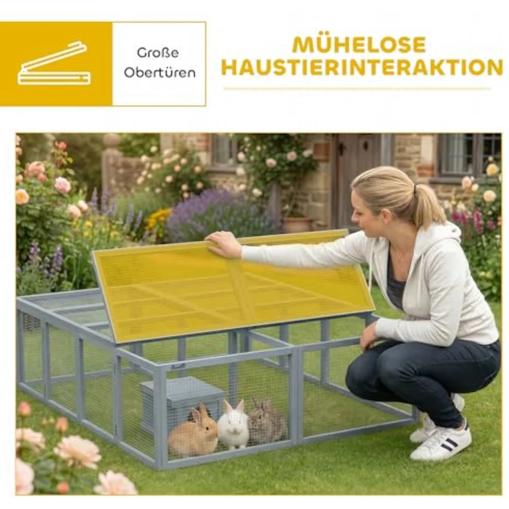 PawHut Kleintierstall Kaninchenstall für 2-4 Zwergkaninchen, Holz mit 2 Türen und Unterstand, 180,4 x 150 x 48 cm, Grau – Bild 4