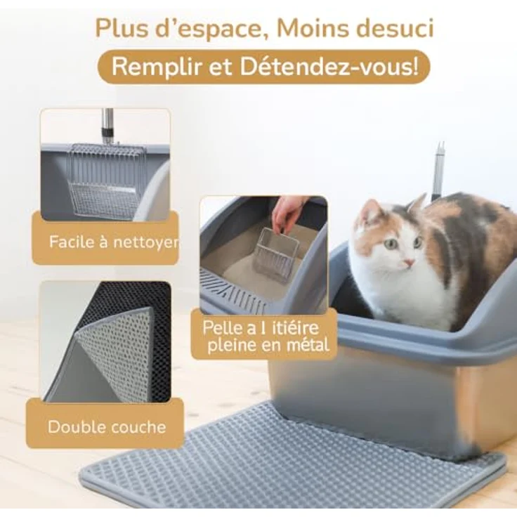 LINUMA® Edelstahl-Katzentoilette XXL, antibakterielles Katzenklo mit Deckel und Spritzschutz, leicht zu reinigen mit Katzenstreumatte und Doppelschicht Metallschaufel – Bild 3