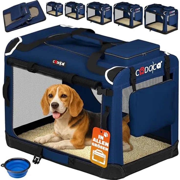 CADOCA® faltbare Hundebox Transportbox L 70x52x50cm, robust und atmungsaktiv, für Auto-Rückbank, Navyblau