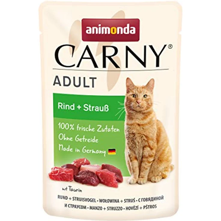 animonda Carny Katzenfutter nass Rind + Strauß, getreidefreies Katzennassfutter ohne Zucker, 12 Portionsbeutel (12 x 85g) für ausgewachsene Katzen mit frischen fleischigen Zutaten – Bild 1