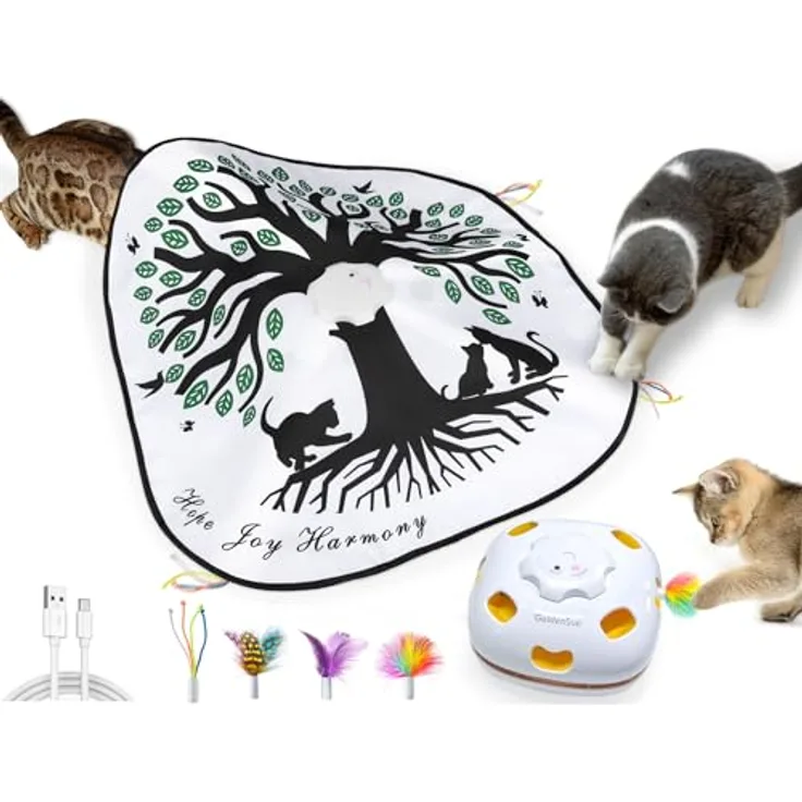 GoldenSun Katzenspielzeug, Interaktives 4-in-1 Versteckspielzeug mit Selbstspielmodus, Aufladbar, inkl. 3 DIY-Ersatzfedern, ABS-Material
