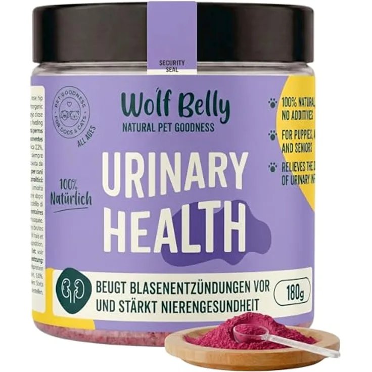 Wolf Belly - Blasenentzündung Pulver für Hunde und Katzen, 100% natürlich mit Cranberry und Vitamin C, unterstützt Nierengesundheit, 180 g - Made in Europe