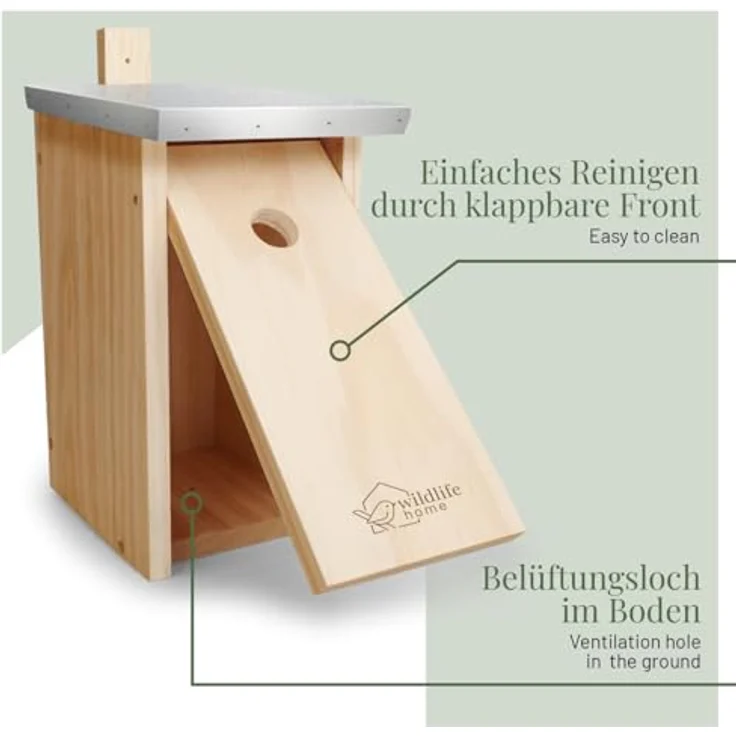 wildlife home WILDLIFE HOME Nistkasten für Kohlmeisen, Massivholz mit Metalldach, wetterfest und unbehandelt, 22 x 15,5 x 33 cm – Bild 4