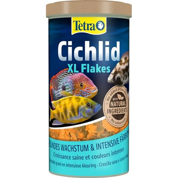 Tetra Cichlid XL Flakes, Fischfutter für große Cichliden und Zierfische, 1 L Dose, proteinreich und ohne Farbstoffe