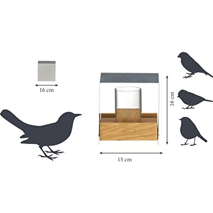 Hochwertiges Design-Vogelhaus ''Industrie-Bauhaus'' mit Futtersilo, Wildvogel-Futterstation inkl. Ständer, 15 x 16 x 16 cm, Eiche – Bild 7