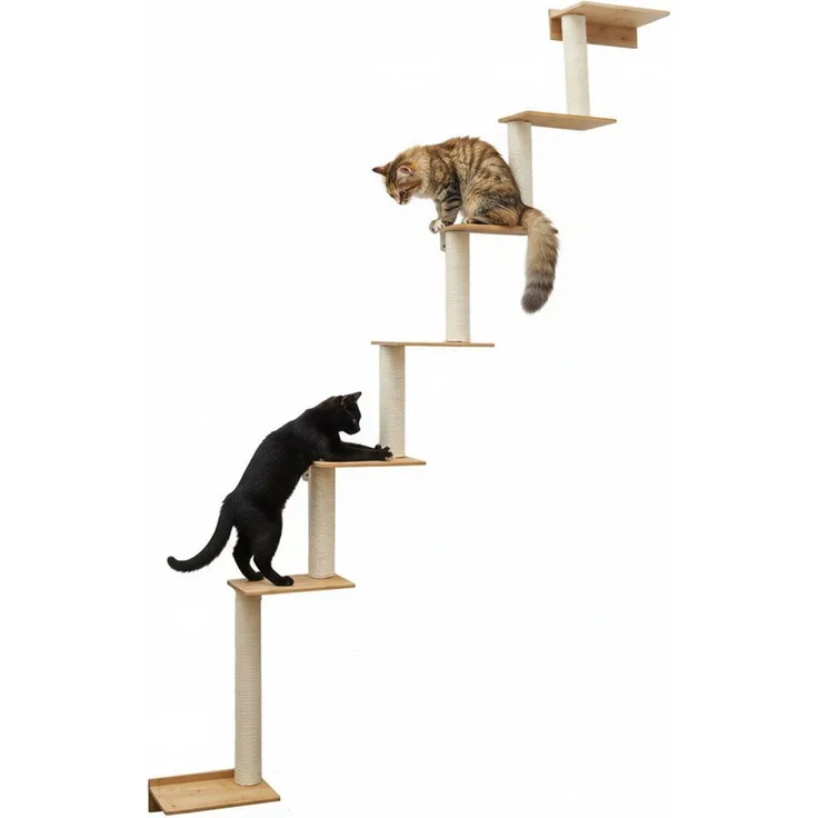 eyepower Kratzbaum zur Wandmontage Milo, 251 cm hoch mit 7 Bambus-Platformen und Sisalstämmen, platzsparende Kletterwand für Katzen