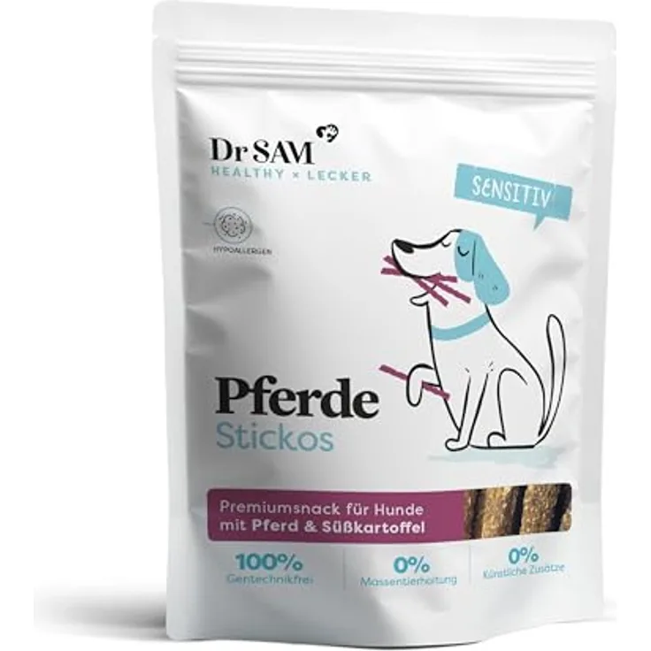 Dr. SAM Premium Snacks für Hunde - Pferde Stickos, hypoallergenes Pferdefleisch mit Süßkartoffel und Leinsamen, glutenfrei, 100g