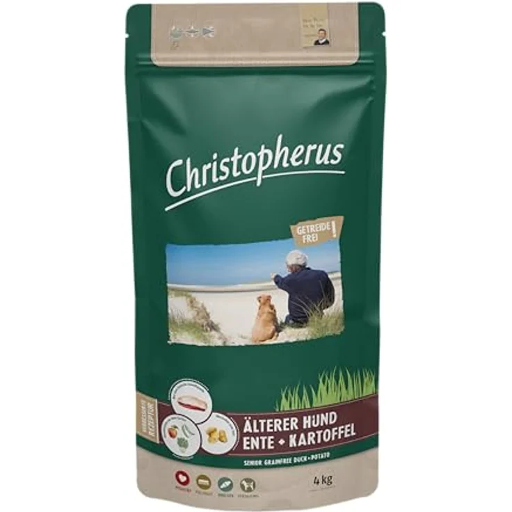 Christopherus Grainfree Senior, Vollnahrung für futtersensible Hunde ab 6 Jahren, Trockenfutter mit Ente und Kartoffel, Krokettengröße ca. 1 cm, 4 kg – Bild 1