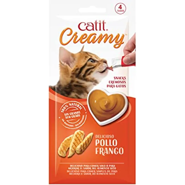 Catit Creamy Leckerei für Katzen, 4er-Pack Huhn, hohe Fleischanteil, getreidefrei, mit Taurin, reich an Aminosäuren