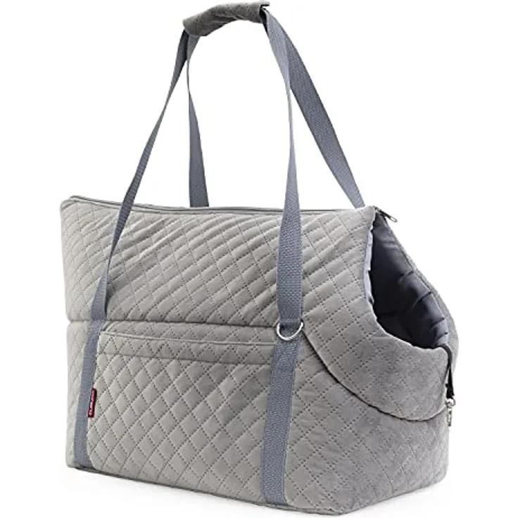 BOUTIQUE ZOO Transporttasche für Hunde und Katzen, Schultertasche mit Gummiband und Karabiner, bis 5 kg, Wildlederimitat - Velvet, Größe S, Grau