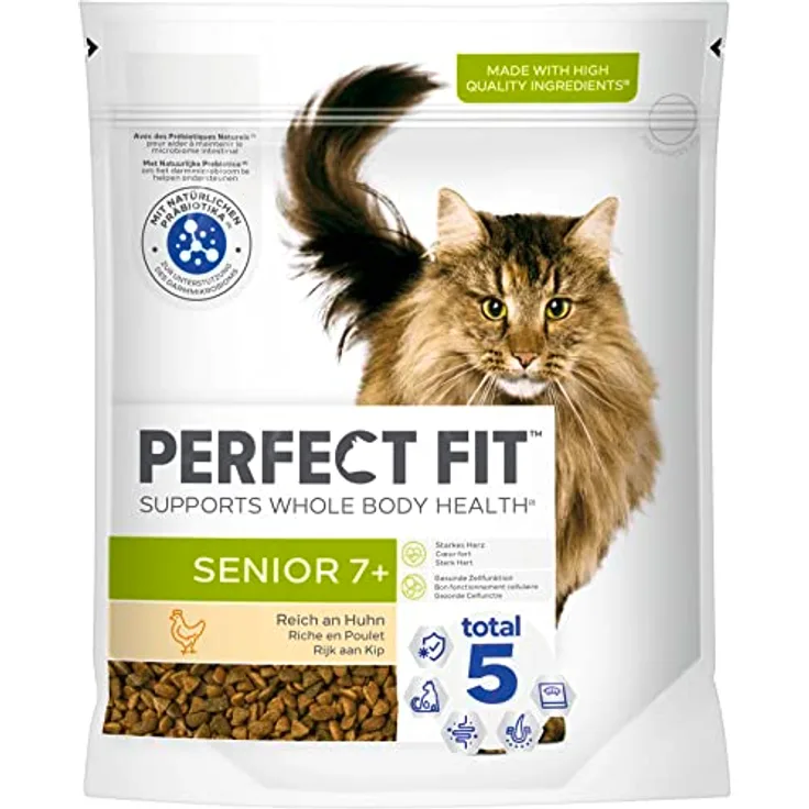 Perfect Fit Katze Beutel Senior 7+ mit Huhn, Trockenfutter für sterilisiere Katzen, 750g, 5-fach Rundumschutz für Gesundheit und Vitalität