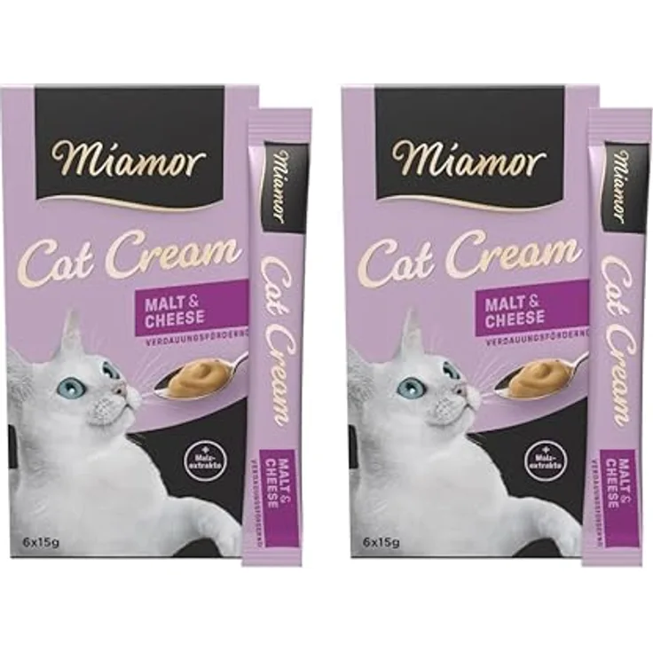 Miamor Cat Cream Malt & Cheese, Katzen-Snack mit Malzextrakten und Käse, Anti Hairball, Verdauungsfördernd, Doppelpack (2x6x15g)
