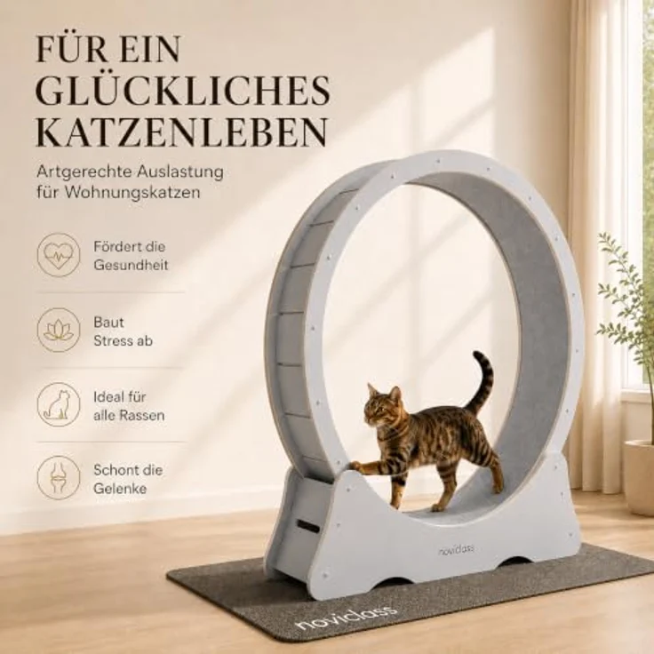 noviclass® Katzenlaufrad Baghira Groß XXL, 132 cm Durchmesser für alle Katzen, inklusive Anti-Vibrationsmatte, kurzfloriger Teppich in Grau mit beigem Teppich – Bild 2