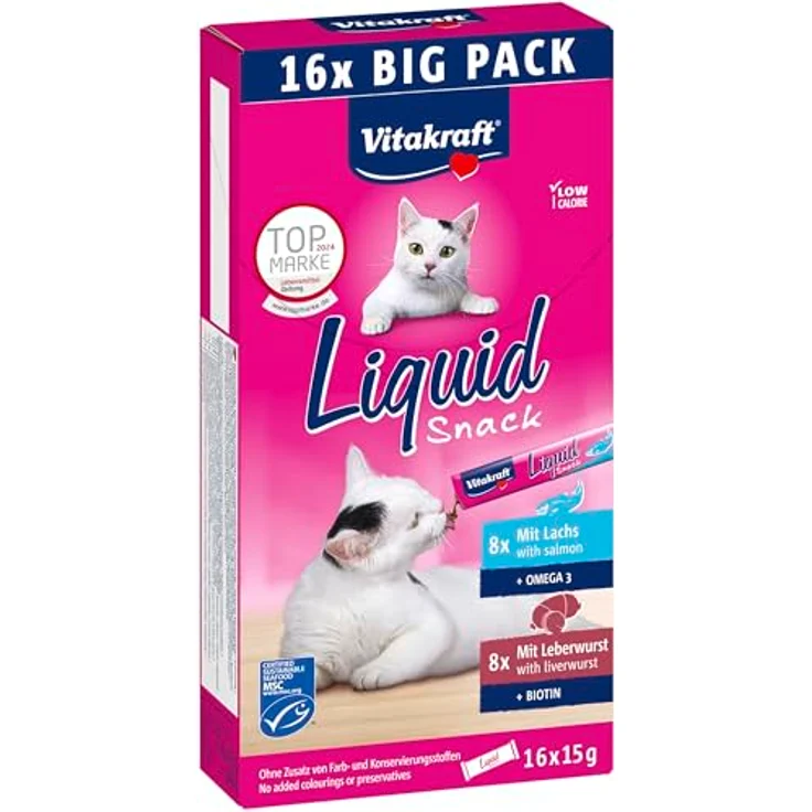 Vitakraft Liquid Snack, Katzen Leckerli cremig mit Leberwurst und Biotin, mit Lachs und Omega 3, Vorratspack (16x 15g) – Bild 1