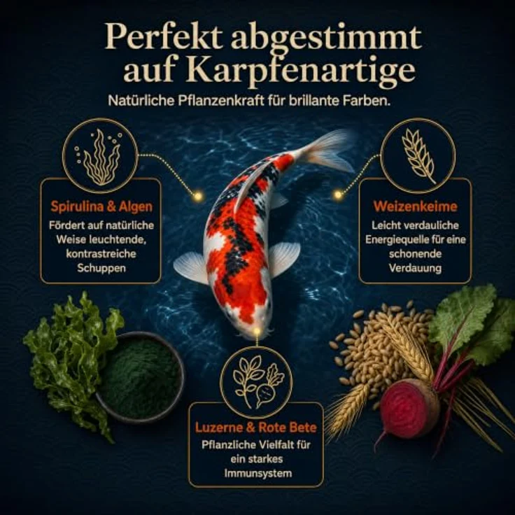 AGUALEVE PRO KOI Sommerfutter Mix 40 L (ca. 15 kg) – Ganzjahresmix, schwimmende 6 mm Pellets, für Koi, für Farbe & Kondition, Weizenkeim, Spirulina, Omega-3, Vitamin E, Made in Germany – Bild 4