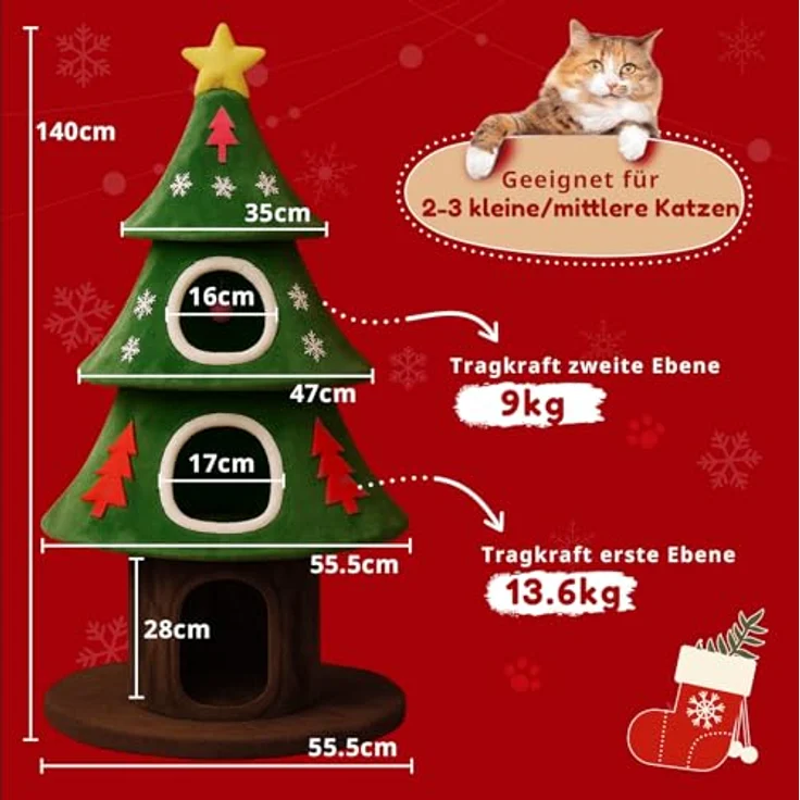 COMHOMA Kratzbaum im Weihnachtsbaum-Design, 135 cm hoch, mehrstöckiger Katzenbaum mit Katzenhaus und Sisal-Kratzsäulen, inklusive Spielball, stabil und katzenfreundlich – Bild 6