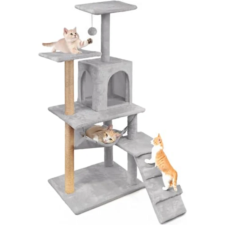 Mersjö Comfort Line Katzenkratzbaum, 125 cm hoch, mit 6 Ebenen, Haus und Spielzeug, hellgrau – Bild 2