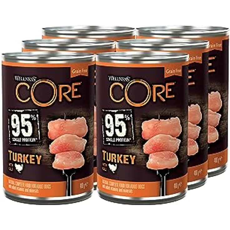 Wellness CORE 95% Turkey & Kale, Nassfutter für ausgewachsene Hunde, 6 x 400g, getreidefrei, hypoallergen, proteinreich, hoher Fleischanteil