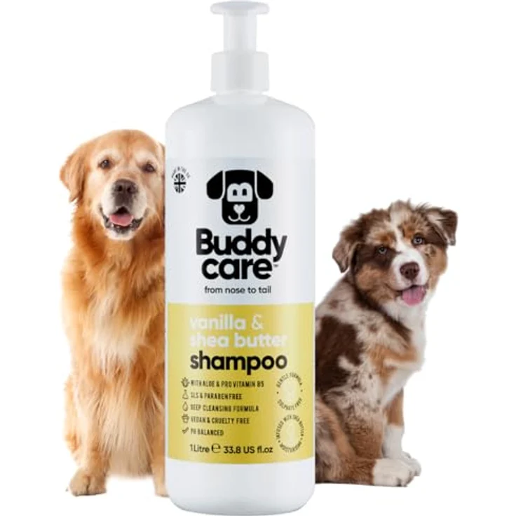 Buddycare Vanille- & Sheabutter-Hundeshampoo, feuchtigkeitsspendend mit Aloe Vera und Pro-Vitamin B5, 1L – Bild 1