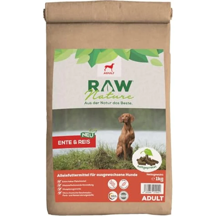 RAW Nature Trockenfutter Adult mit Ente 1kg, kaltgepresst, getreidefrei, 100% Muskelfleisch für alle Rassen, geeignet für sensible Hunde – Bild 1