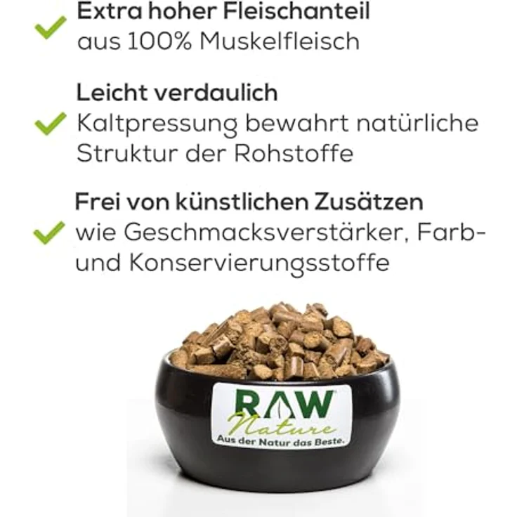RAW Nature Trockenfutter Adult mit Ente 1kg, kaltgepresst, getreidefrei, 100% Muskelfleisch für alle Rassen, geeignet für sensible Hunde – Bild 3