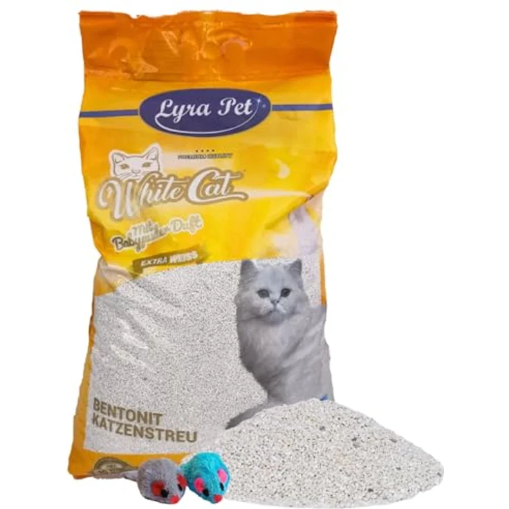 Lyra Pet® White Cat Katzenstreu, 15 Liter, mit Babypuder Duft, feines Klumpstreu, 350% Saugkraft, staubarm, inklusive 2 Spielmäusen – Bild 1