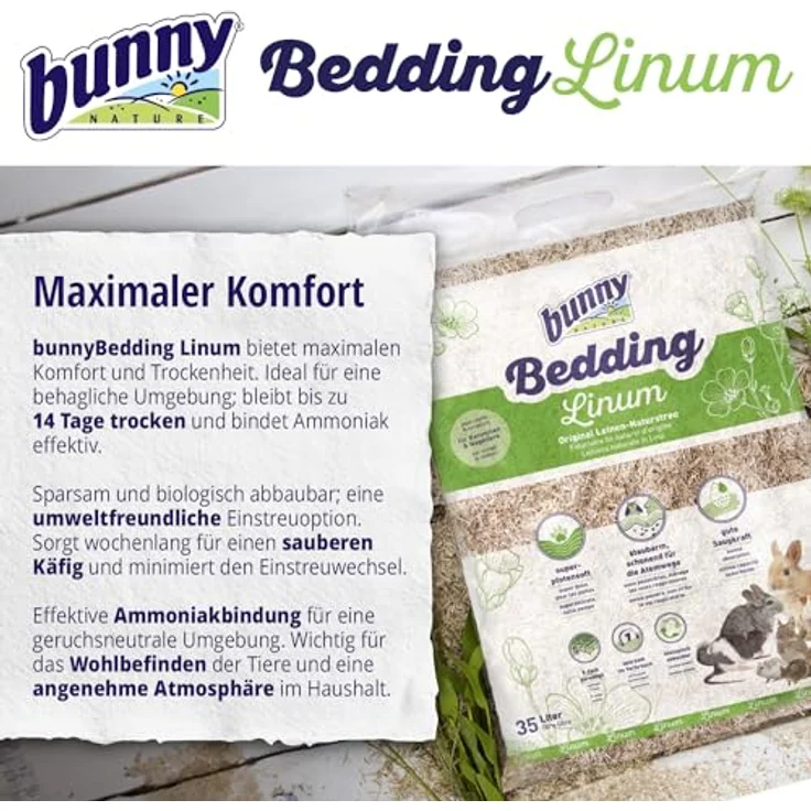 bunnyNature Bedding Linum 35l, Natur-Leinenstreu mit hoher Saugkraft, umweltfreundlich und bis zu 14 Tage Geruchskontrolle – Bild 5