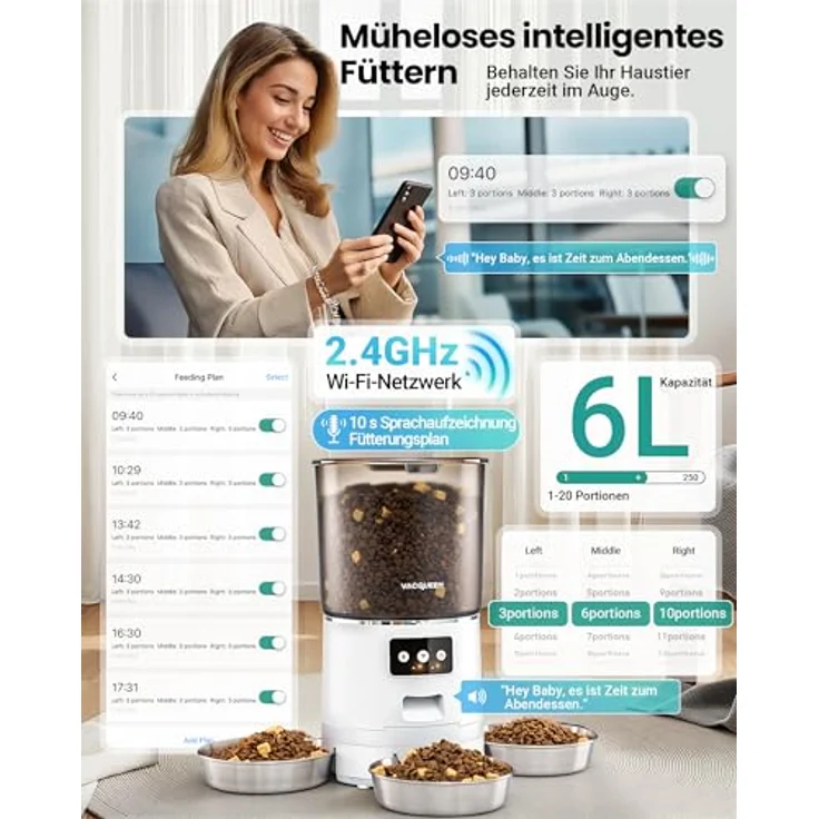 Vacqueen Futterautomat Katze mit APP, 6L, 25 Tassen, 3 Näpfe, Anti-Verstopfungssystem, 10-S Stimmaufnahme, 2.4G WiFi – Bild 5