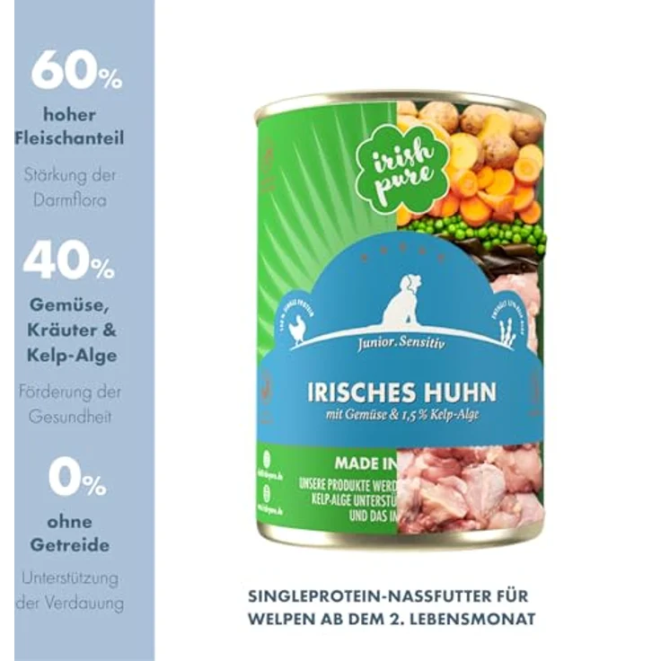 Irish Pure Premium Junior Nassfutter für Hunde, getreidefreies irisches Huhn mit Vitaminen und Superfood Kelp-Alge, 12 x 390g, für alle Rassen – Bild 2