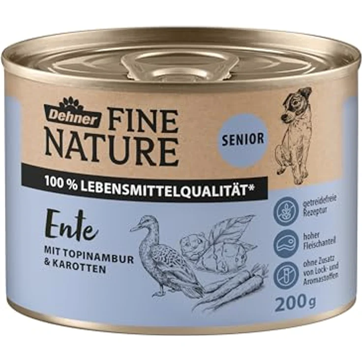 Dehner Fine Nature Hundefutter, Nassfutter in Lebensmittelqualität, für ältere Hunde, Ente mit Topinambur und Karotten, 6 x 200 g Dose (1.2 kg) – Bild 2
