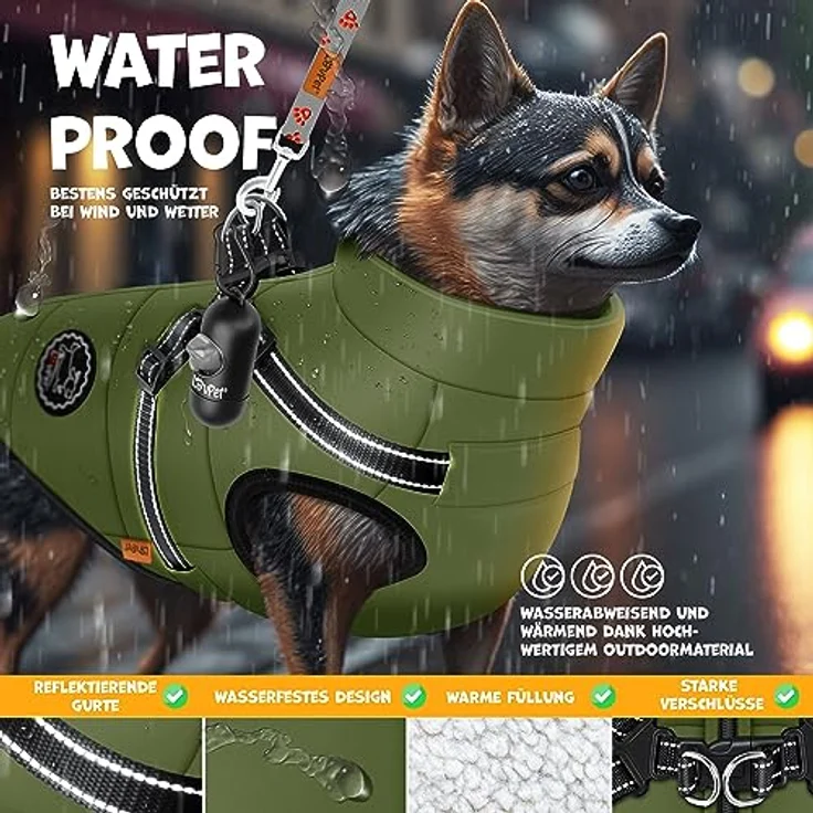 Lovpet LOVPET® Hundejacke mit Geschirr, gefütterte wasserdichte Winterweste in Khaki, inkl. 45 Kotbeutel und Spender, 5XL, gepolstert mit Reflektoren und D-Ring – Bild 5