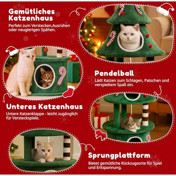 COMHOMA Kratzbaum im Weihnachtsbaum-Design, 144 cm hoch, mehrstöckiger Katzenbaum mit Katzenhaus, Spielbällen und stabilen Plattformen – Bild 4