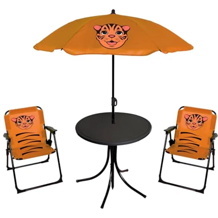 Mojawo 4tlg Kinder Campingmöbel Set, 2 x Klappstuhl mit Sicherheitsschloss, Tisch mit Schirmloch und Sonnenschirm, rot und orange – Bild 2