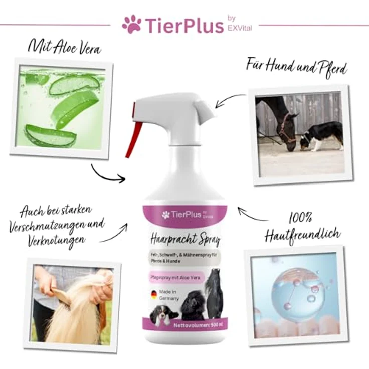 TierPlus Haarpracht Spray für Pferde & Hunde, 500 ml – Fell-, Schweif- & Mähnenspray für seidigen Glanz, leichte Kämmbarkeit & entwirrende Pflege mit Aloe Vera – Bild 3