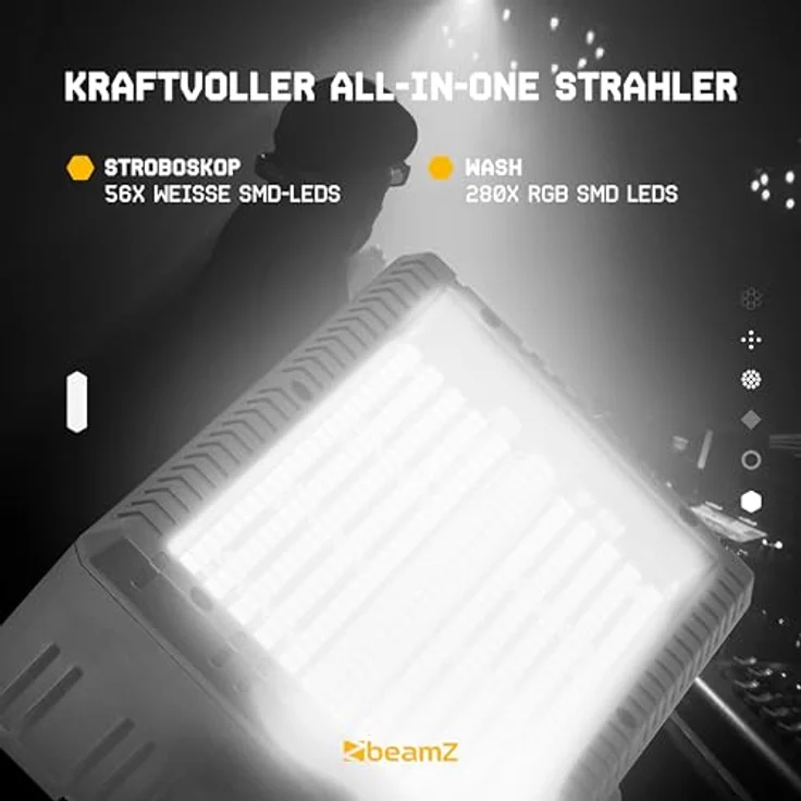 BeamZ BS336, Stroboskop Blitzer & Blinder Wash Kombi mit RGBW LEDs, 3-in-1 LED Lichteffekt, DMX Steuerung, Fernbedienung, 56 bunte LEDs, ideal für Partys & Events – Bild 3