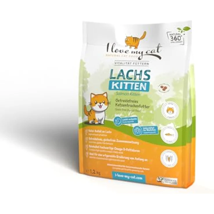 I love my cat Getreidefreies Trockenfutter für Kitten mit Lachs, leicht verdauliche Omega-3-reiche Formel zur Unterstützung von Wachstum, Haut und Fell – Bild 2