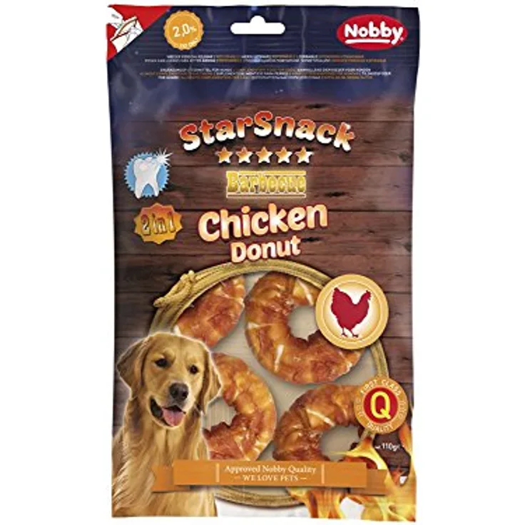 Nobby STARSNACK Barbecue Chicken Donut, Hundefutter-Snack aus 58% Hähnchenfleisch und 37% Rinderhaut, Ø 5 cm, 5 Stück (ca. 110 g)