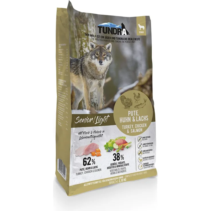 Tundra Dog Senior/Light, Trockenfutter mit Pute, Huhn und Lachs für ältere und übergewichtige Hunde, 3,18 kg