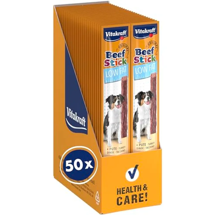 Vitakraft Beef Stick Low Fat, Hundeleckerli für Hunde mit Gewichtsproblemen, ohne Zuckerzusatz, 50x12g