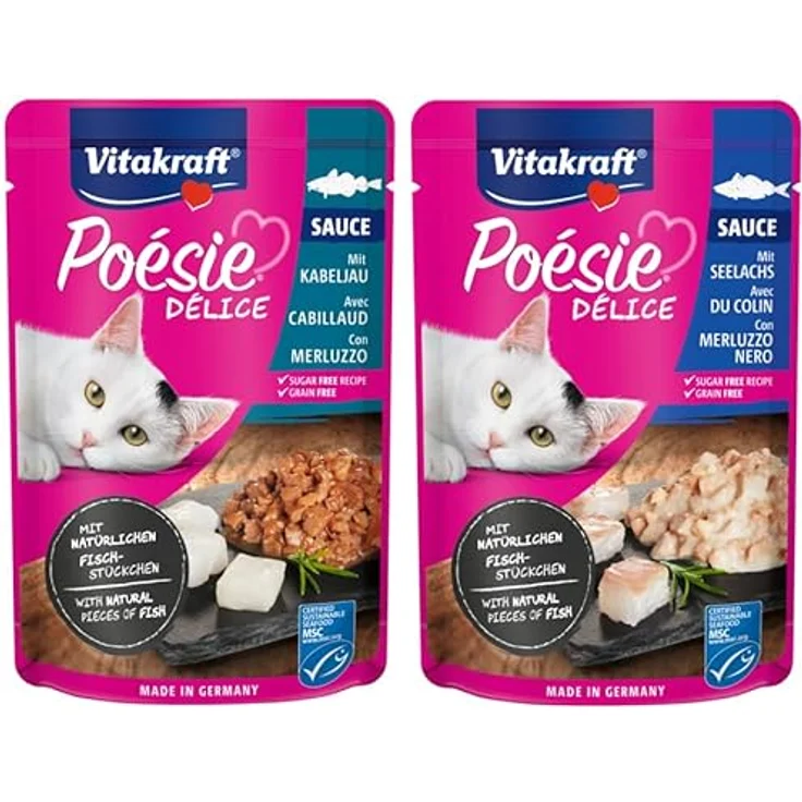 Vitakraft Poésie Délice Fish Selection, Nassfutter für Katzen in Sauce, mit Seelachs und Kabeljau, ohne Zusatz von Zucker und Getreide, 1 Paket mit 6x 85g – Bild 4