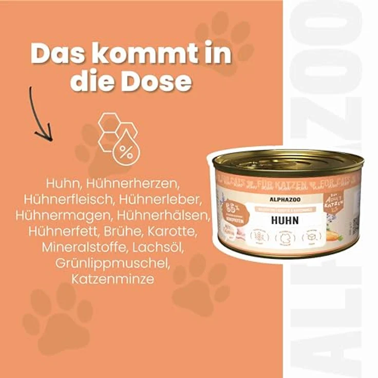 alphazoo Katzenfutter Monoprotein Huhn 6x200g – Getreidefrei & proteinreich mit Karotte, Lachsöl & Katzenminze – Für glänzendes Fell & gesunde Verdauung – Made in Germany – Bild 4