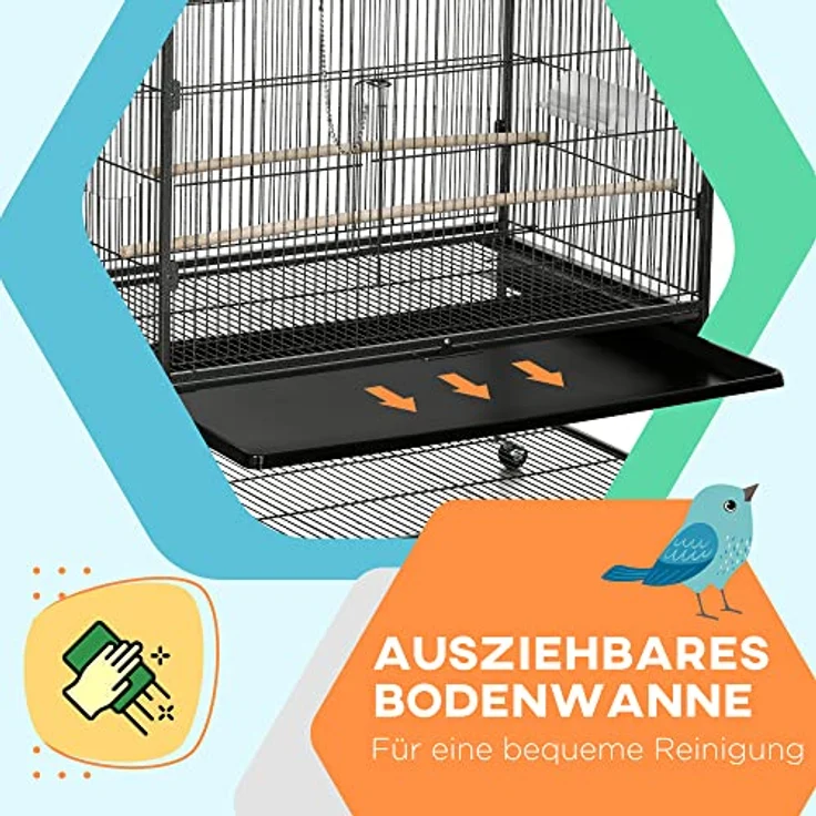 PawHut Vogelkäfig Vogelbauer, Vogelhaus mit Sitzstangen und Rollen, für kleine Vögel, Stahl, Grau, 94 x 57 x 153 cm – Bild 4