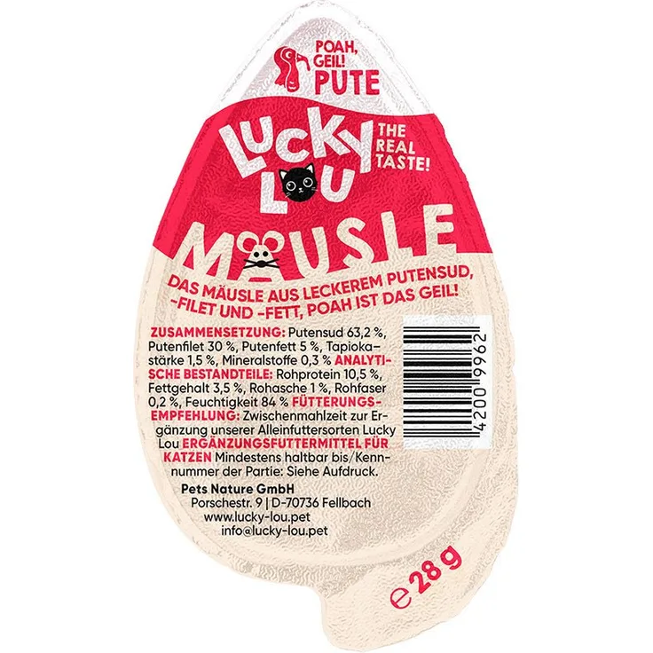 Lucky Lou Mäusle Pute, Katzensnack in Mausform aus Putensud, ohne Getreide und Zucker, 28g