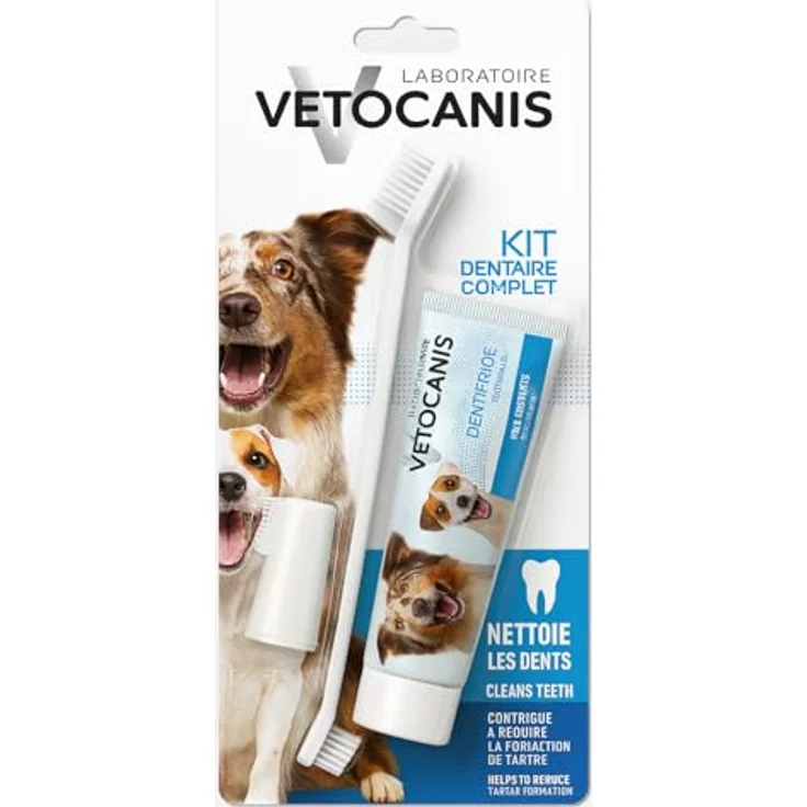 Vetocanis Bio00068 Zahnpflegeset für Hunde, mit Zahnbürste, Zahnpasta mit Biscuit-Geschmack und Massagebürste, für gesunde Zähne und frischen Atem, 1 Stück – Bild 1