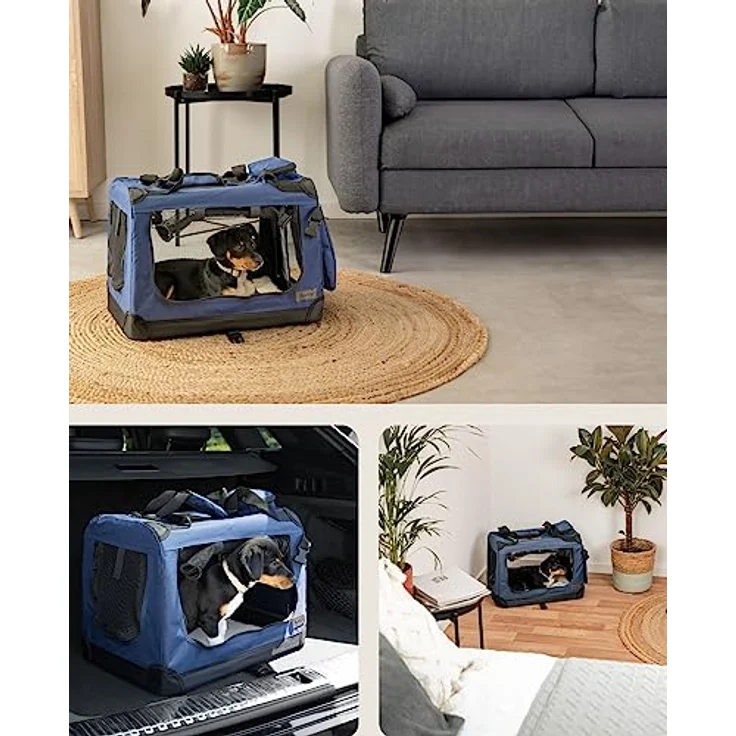 lionto Tiertransportbox Transportbox für Hunde & Katzen, 50 cm x 36 cm x 34 cm, blau, faltbar mit Stahlrohren, inkl. Liegekissen und Utensiltaschen – Bild 2