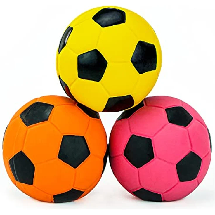 Chiwava 3 Stück 7 cm Hundespielzeug Ball aus Latex, interaktives Fußball Spielzeug mit Quietsche für mittelgroße Hunde, sortierte Farben – Bild 3