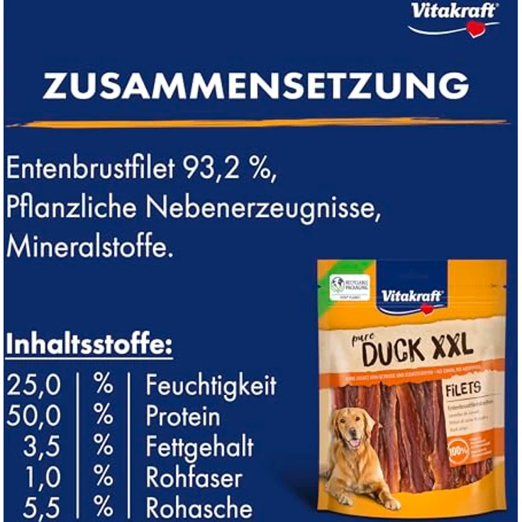 Vitakraft Pure Duck XXL Filet, Entenbrustfiletstreifen, Hundeleckerli ohne Zucker, 6x 250g – Bild 5