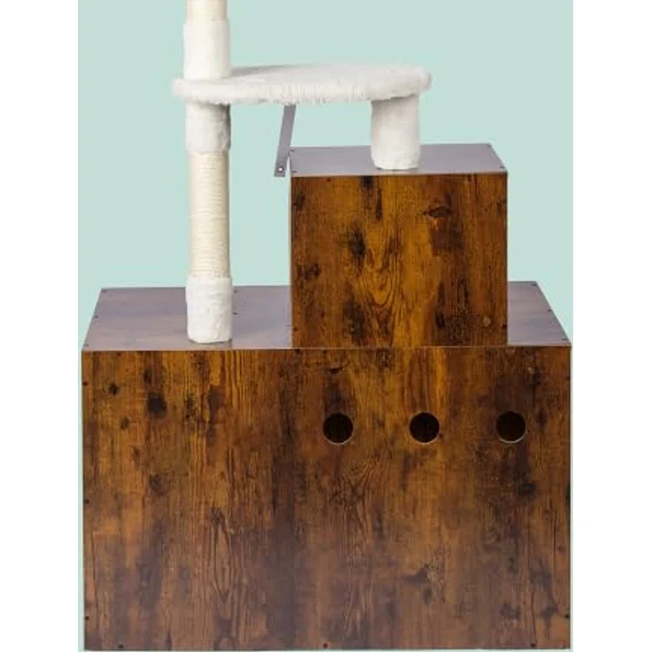 Relaxdays Kratzbaum mit Katzenkloschrank, 133x78x49 cm, Sisalstämme, Liegemulde, Holzoptik, dunkelbraun – Bild 6