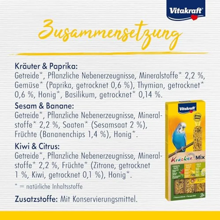 Vitakraft Kräcker Mix, Vogelsnack für Wellensittiche, Knabberstangen mit Kräutern, Paprika, Kiwi, Citrus, Banane und Sesam, ohne Zuckerzusatz, 90g – Bild 5