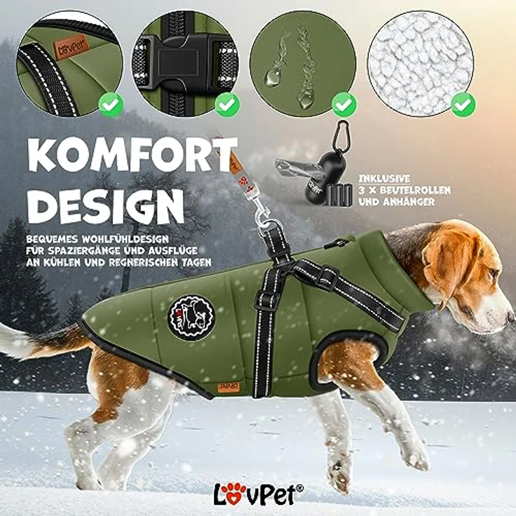 Lovpet LOVPET® Hundejacke mit Geschirr, gefütterte wasserdichte Winterweste in Khaki, inkl. 45 Kotbeutel und Spender, 5XL, gepolstert mit Reflektoren und D-Ring – Bild 3
